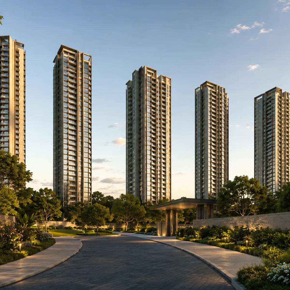 Assetz Nari & Nami indicative arrival along the internal drive, with the entry pavilion and the six towers set back behind planted verges