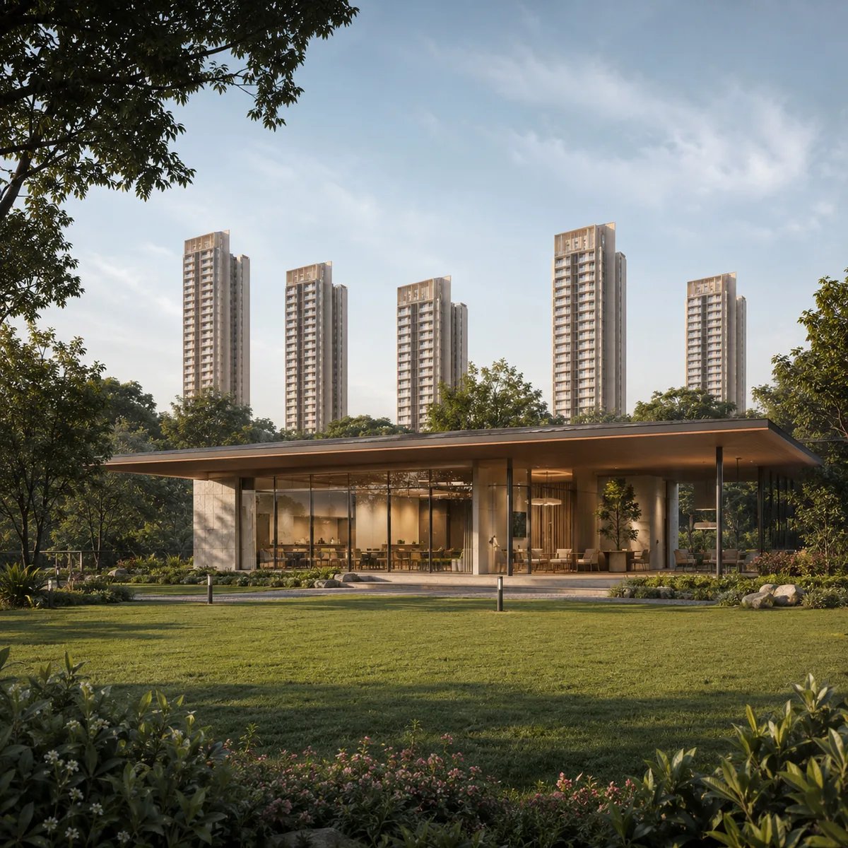 Assetz Nari & Nami indicative standalone clubhouse pavilion set within the landscaped grounds of the Whitefield-Hoskote Road campus Assetz Nari & Nami indicative standalone clubhouse pavilion set within the landscaped grounds of the Whitefield-Hoskote Road campus