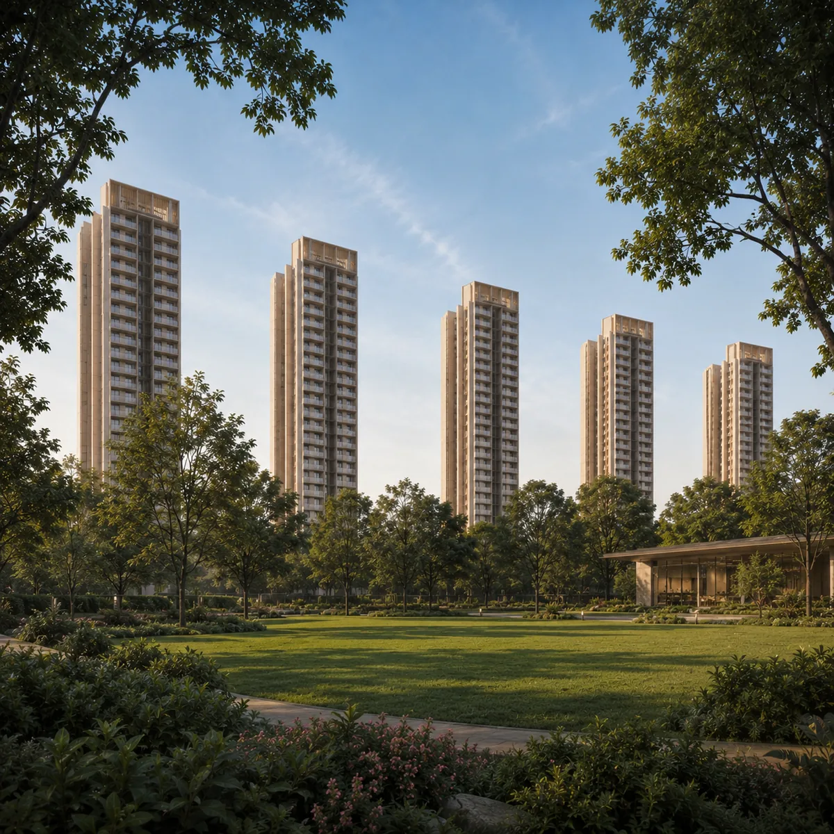 Assetz Nari & Nami indicative landscaped grounds with native tree lines, the open-space share claimed ahead of launch being 75 percent and unconfirmed