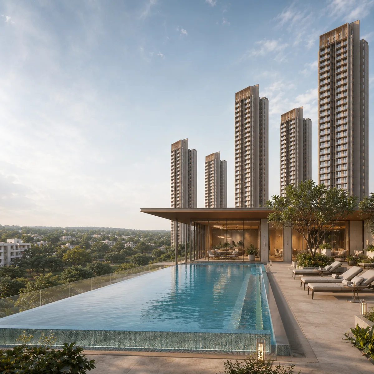Assetz Nari & Nami indicative rooftop swimming pool on the clubhouse terrace looking east across the Seegehalli and Kannamangala belt