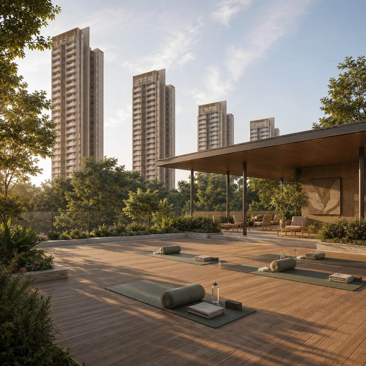 Assetz Nari & Nami indicative open-air wellness and yoga deck with planting beds and shaded seating on the podium level